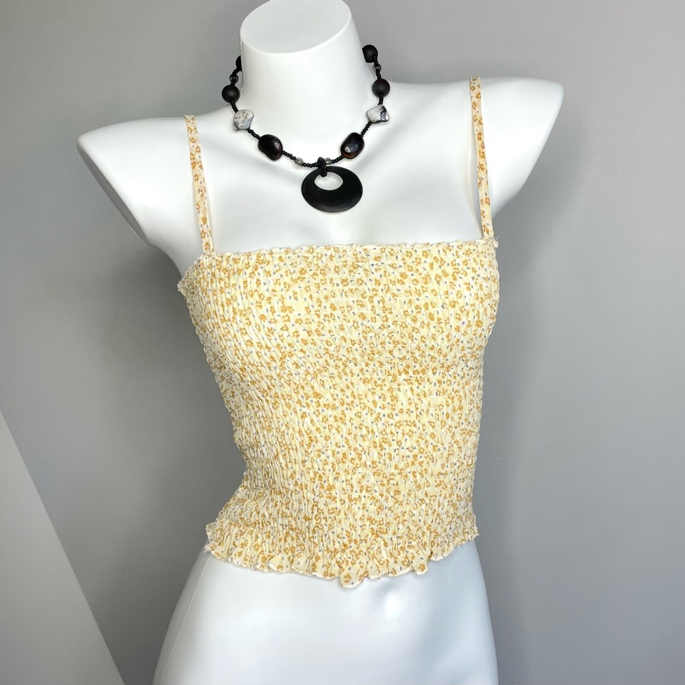 Yellow Floral Shirred Cami Cropped Top